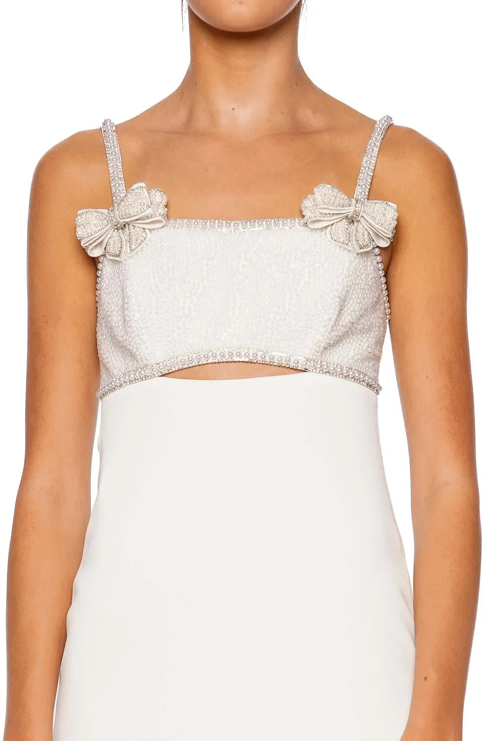White Crepe Pearl Bow Mini Dress