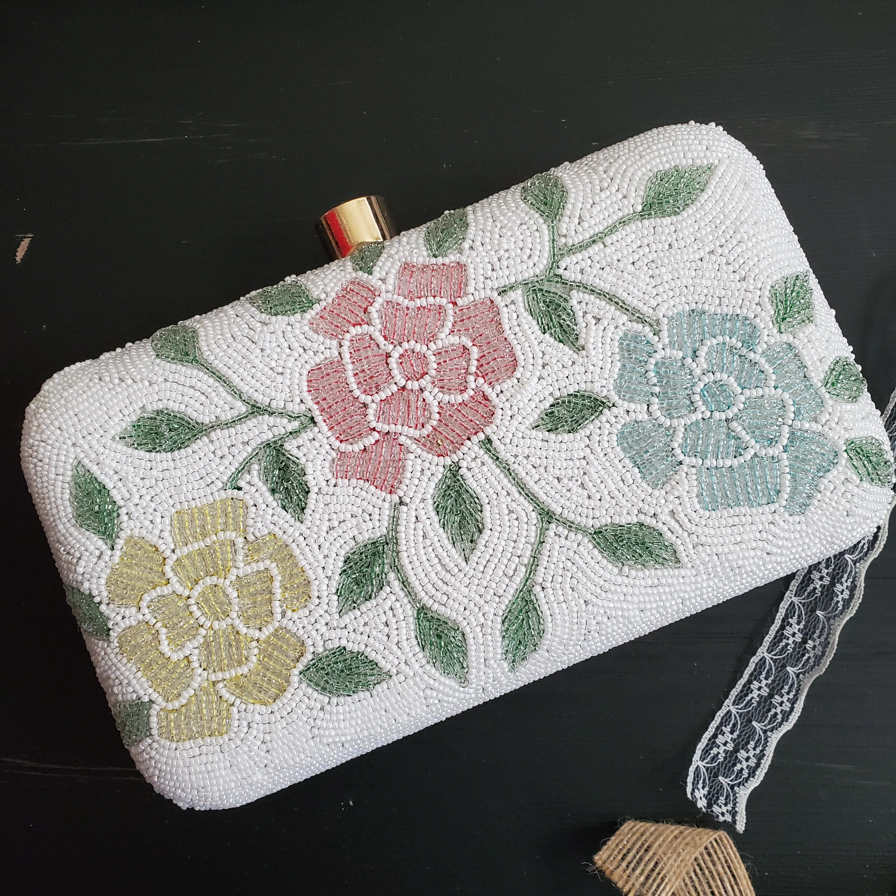White Embellished Hand Embroidery Bag