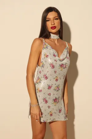 White Floral Backless Chainmail Dress