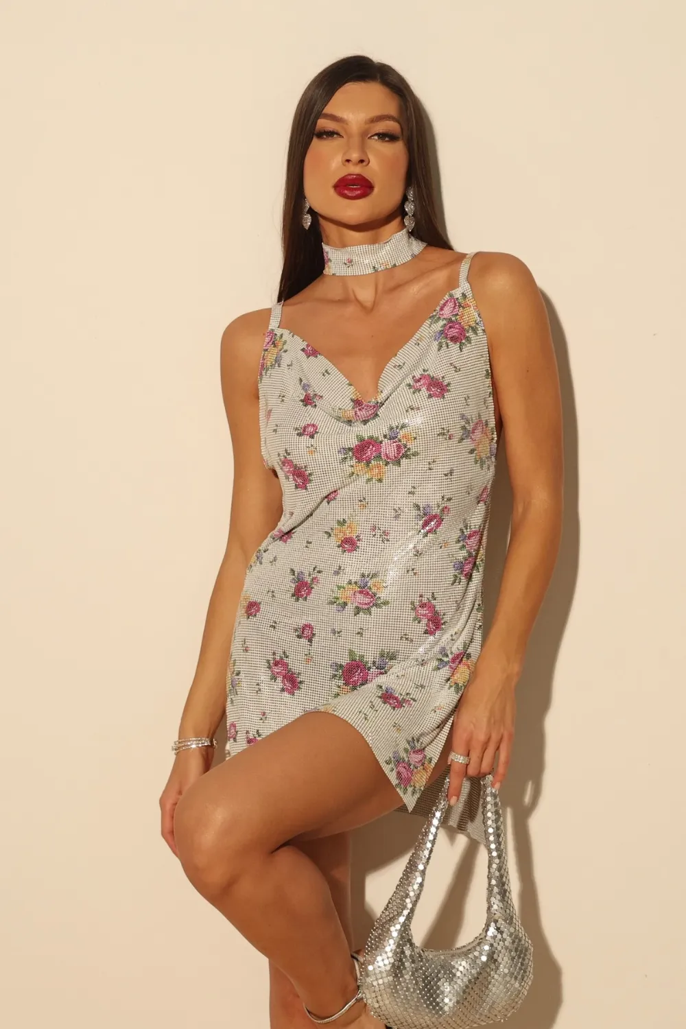 White Floral Backless Chainmail Dress