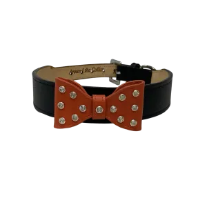 Wider Leather Bow Dog Collar with Crystals on Large Bow