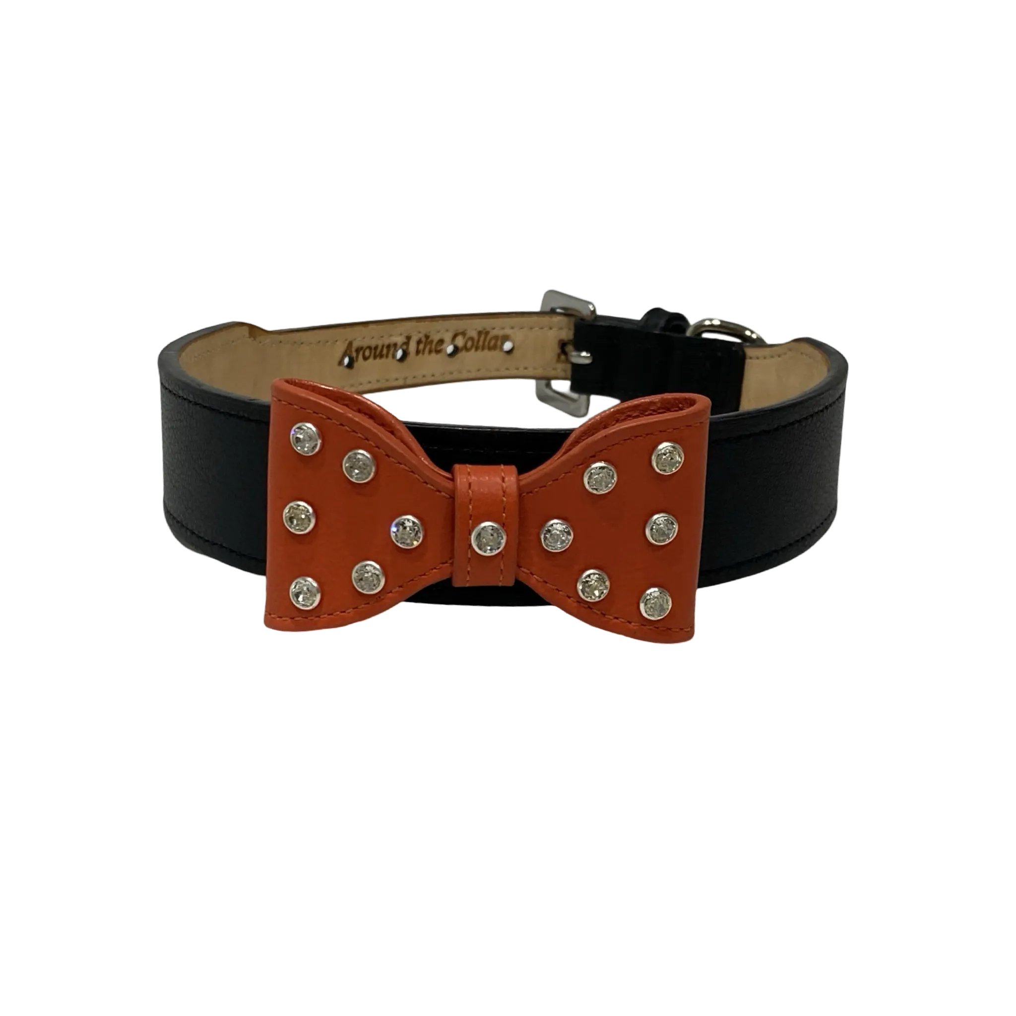 Wider Leather Bow Dog Collar with Crystals on Large Bow