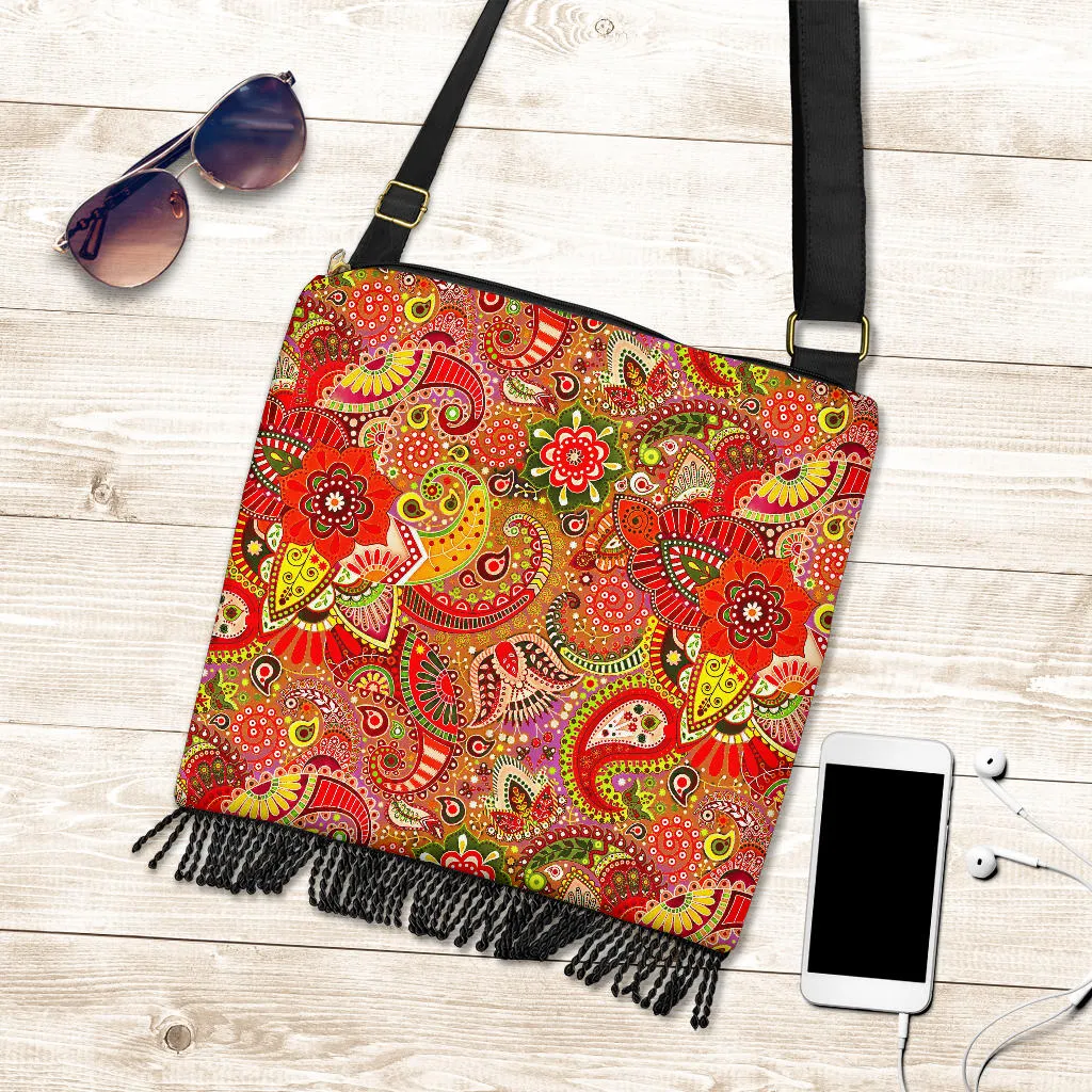 Wild Orange Red Paisley Boho Crossbody Bag