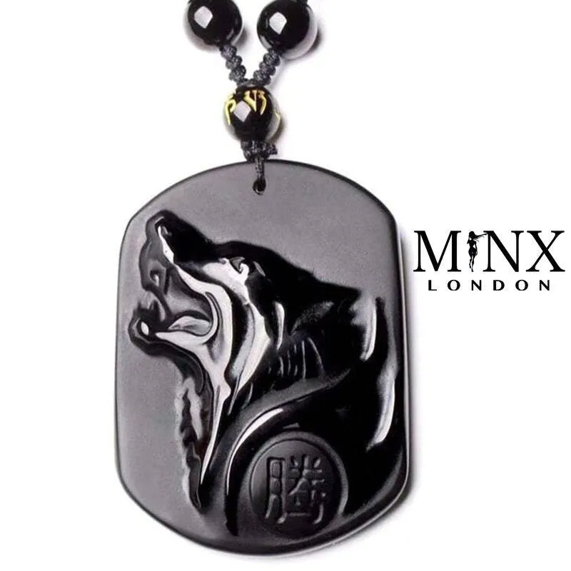Wolf Pendant | Feng Shui Necklace | Wolf Necklace | Obsidian Necklace | Obsidian Pendant | Black Beaded Necklace | Black Wolf Pendant