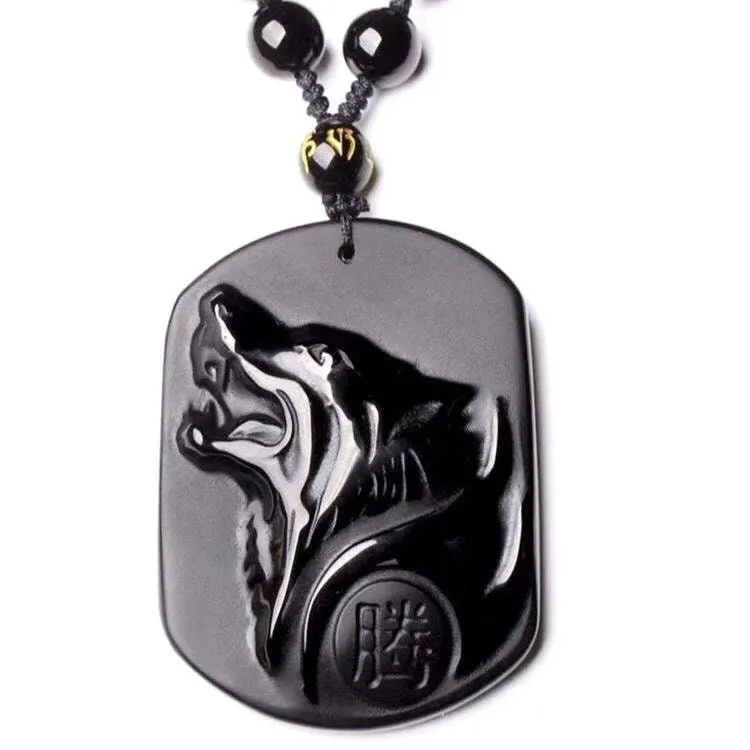 Wolf Pendant | Feng Shui Necklace | Wolf Necklace | Obsidian Necklace | Obsidian Pendant | Black Beaded Necklace | Black Wolf Pendant