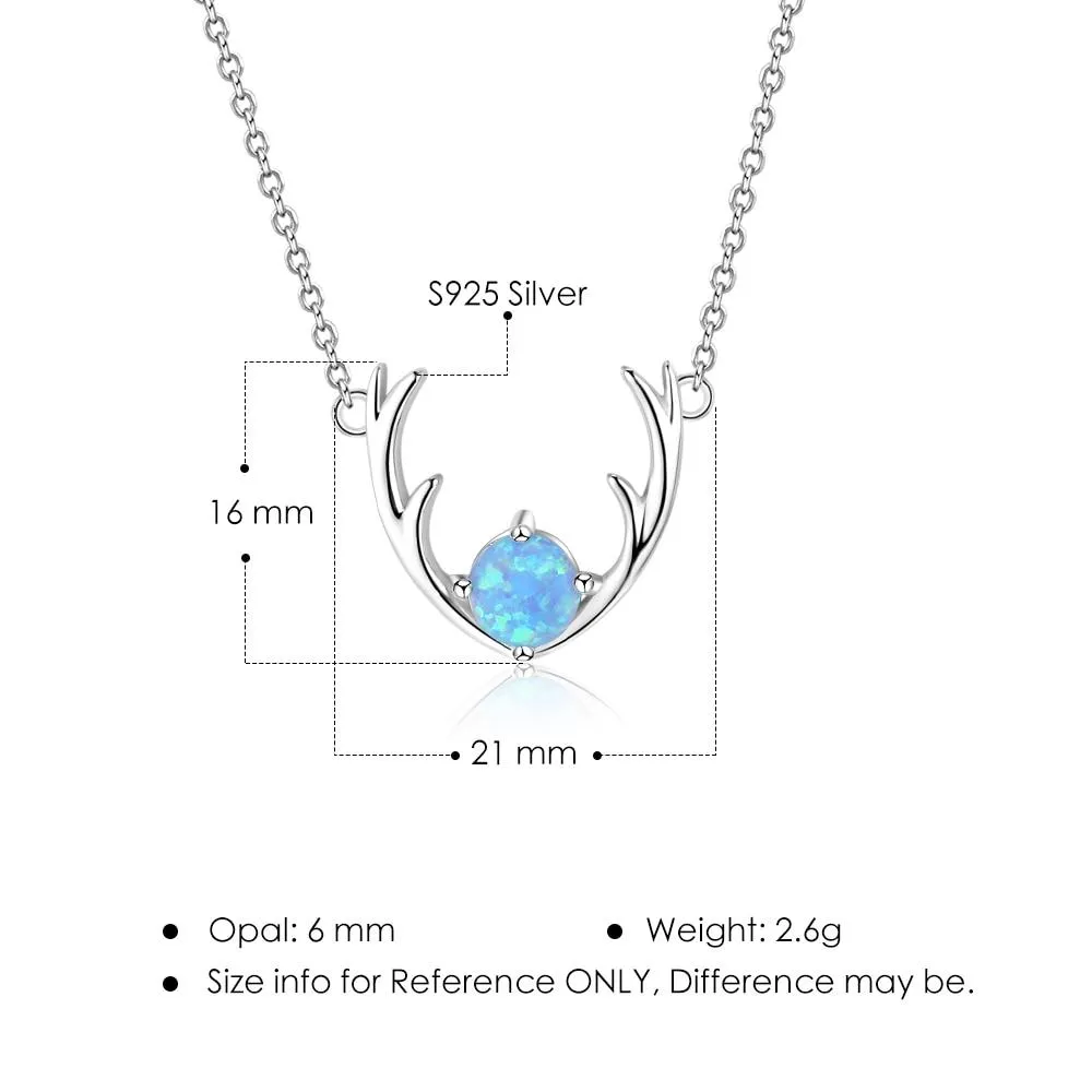 Women’s 925 Sterling Silver Necklace & Deer Head Design Pendant with Blue Opal, Trendy Party Jewelry
