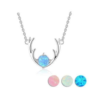 Women’s 925 Sterling Silver Necklace & Deer Head Design Pendant with Blue Opal, Trendy Party Jewelry