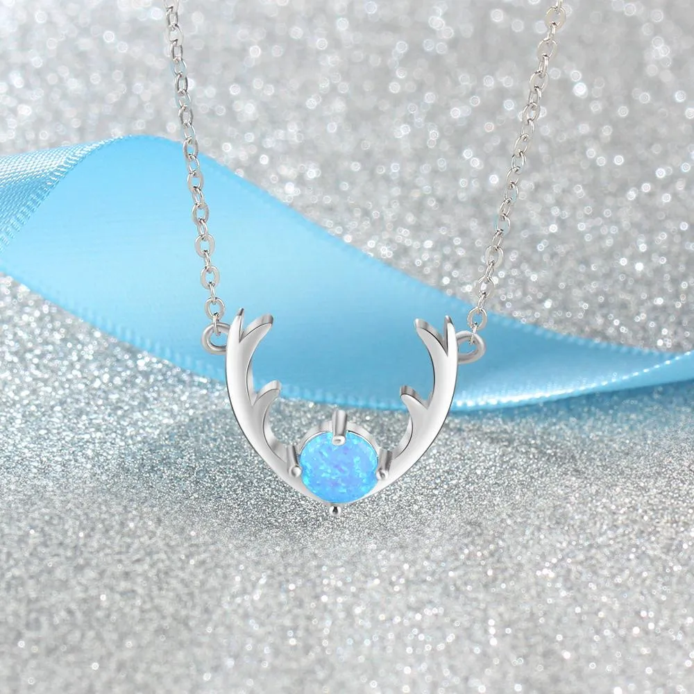 Women’s 925 Sterling Silver Necklace & Deer Head Design Pendant with Blue Opal, Trendy Party Jewelry