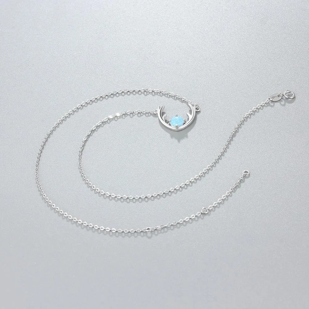 Women’s 925 Sterling Silver Necklace & Deer Head Design Pendant with Blue Opal, Trendy Party Jewelry