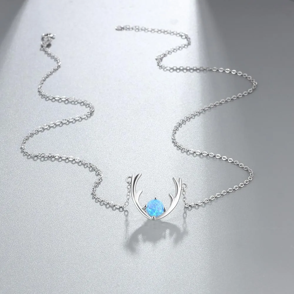 Women’s 925 Sterling Silver Necklace & Deer Head Design Pendant with Blue Opal, Trendy Party Jewelry