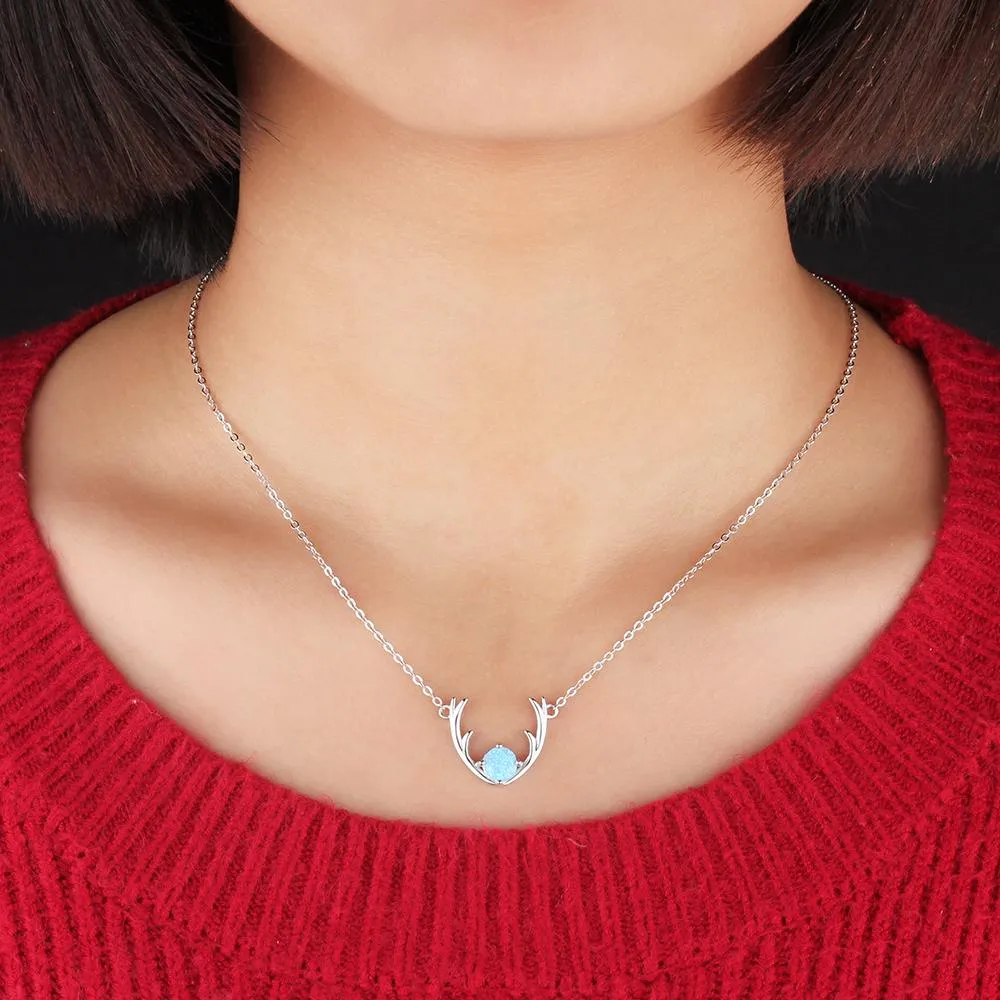 Women’s 925 Sterling Silver Necklace & Deer Head Design Pendant with Blue Opal, Trendy Party Jewelry