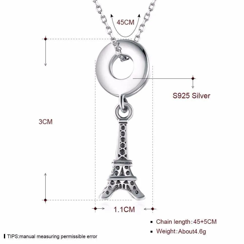 Women’s 925 Sterling Silver Solid Necklace with Eiffel Tower Design Pendant, Fashion Jewelry for Ladies