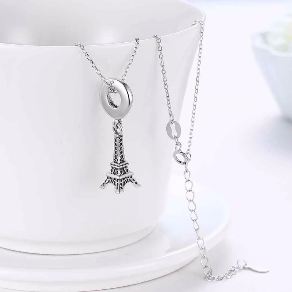 Women’s 925 Sterling Silver Solid Necklace with Eiffel Tower Design Pendant, Fashion Jewelry for Ladies