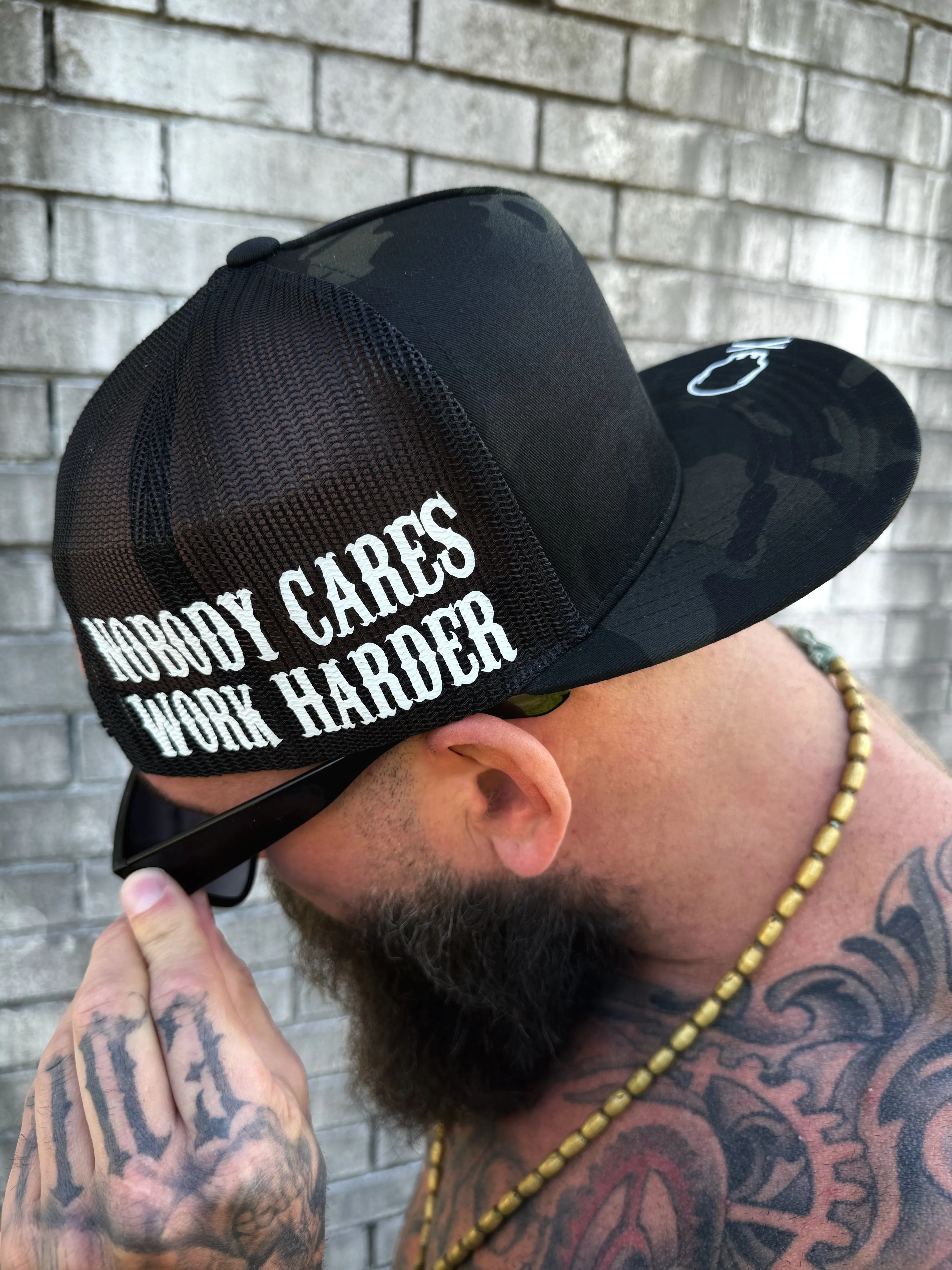 WORK HARDER BLACK CAMO SIDE STYLE BLACK HAT