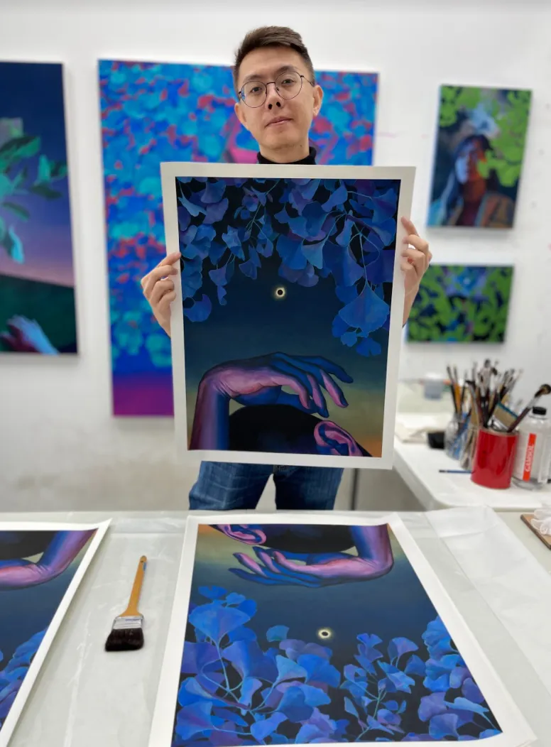 Xiao Wang, Slumber Under a Shade, 2021; Hand-Embellished, Signed, and Numbered Limited Edition Print in White Wood Frame