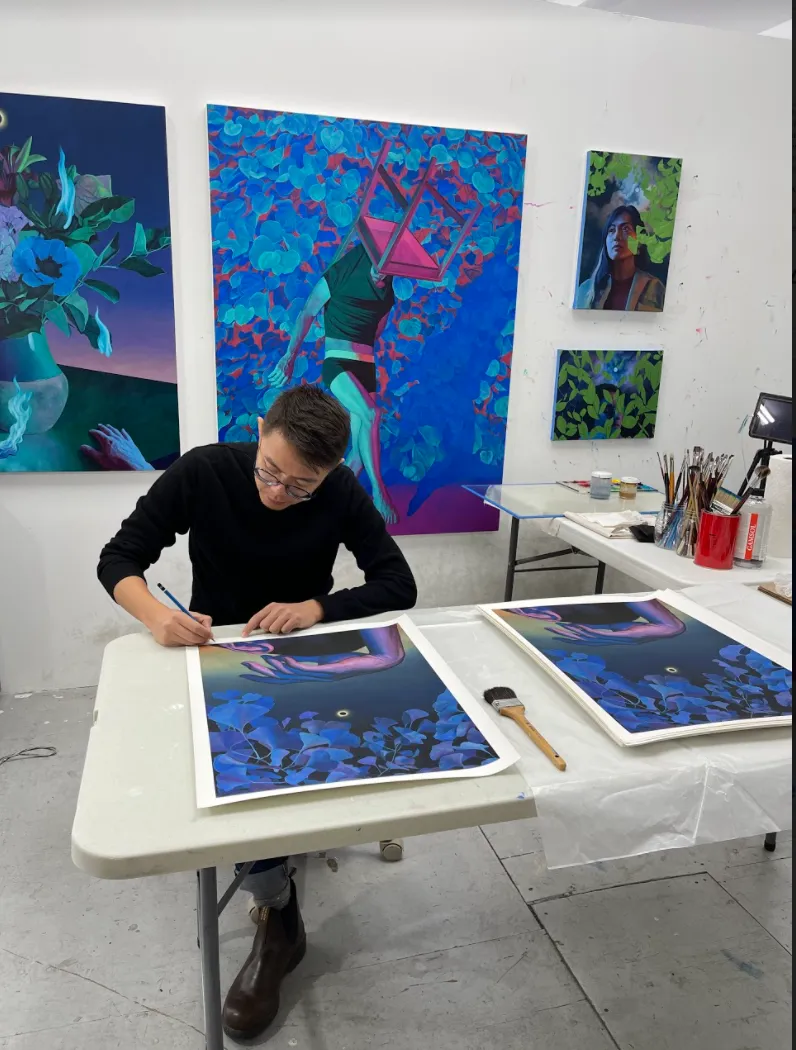 Xiao Wang, Slumber Under a Shade, 2021; Hand-Embellished, Signed, and Numbered Limited Edition Print in White Wood Frame