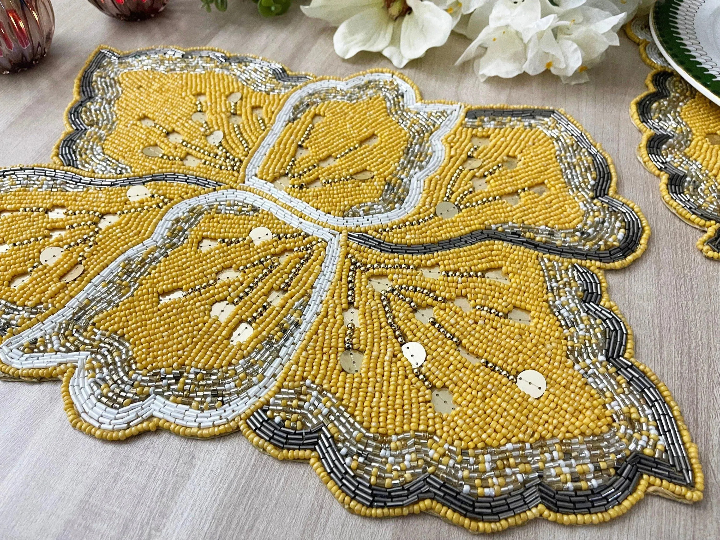 Yellow Floral Shaped Beaded Placemat