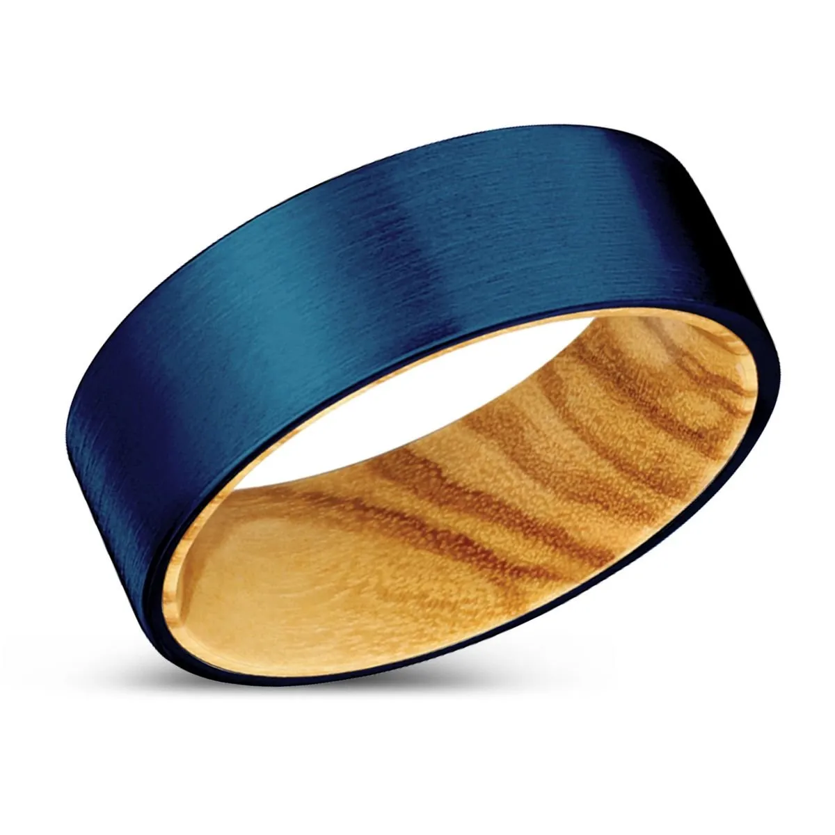 ZIGZAG | Olive Wood, Blue Tungsten Ring, Brushed, Flat